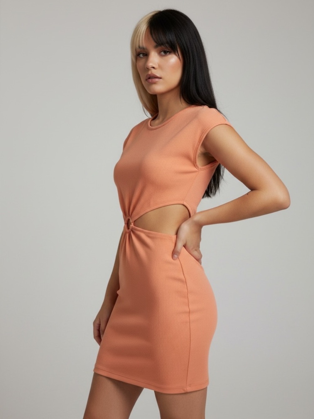 Almost Famous Coral Cutout Bodycon Mini Dress Crew Neck Size M